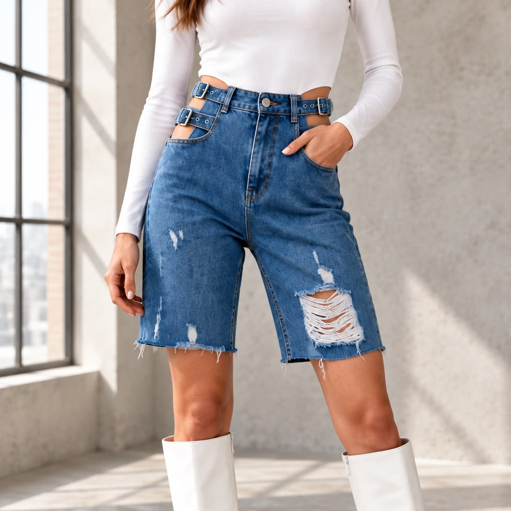 High-Waisted Distressed Denim Bermuda Shorts
